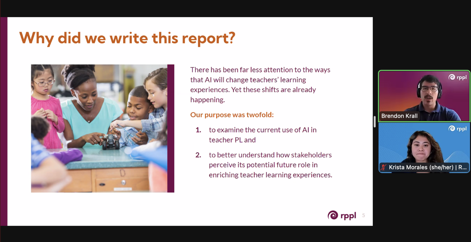 Screenshot of a webinar hosted on Zoom, with a slide about "Why did we write this report?" and a man and a woman from RPPL presenting.