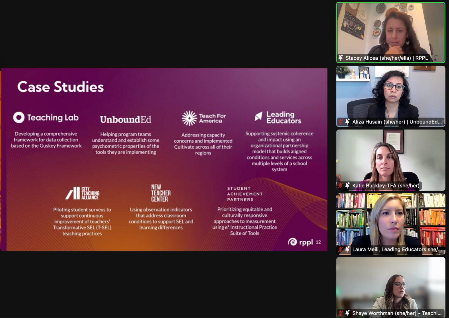 screenshot of Zoom presentation with "Case Studies" as the title on the left and a column of 5 female-presenting individuals' videos on the right