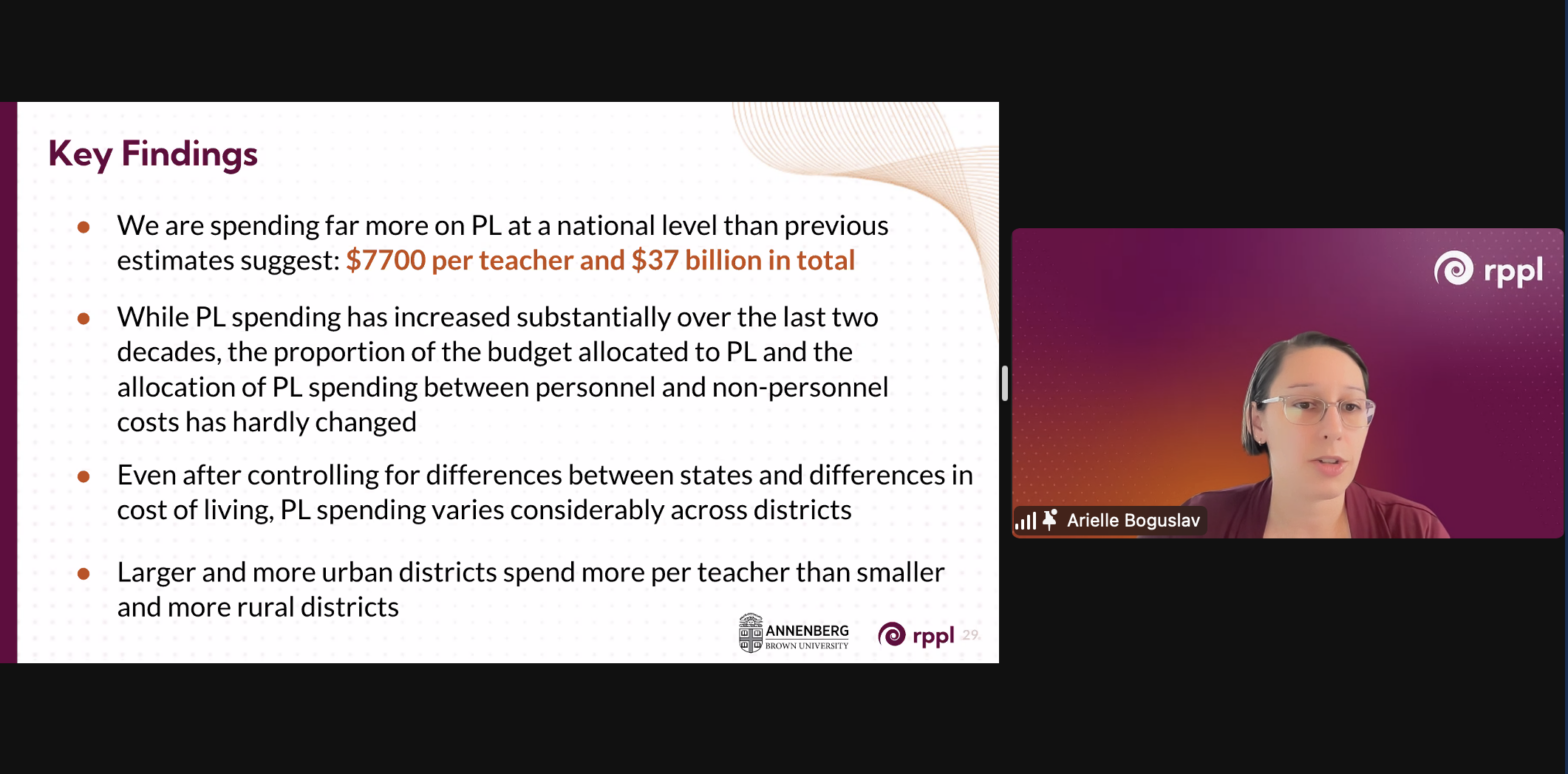 a screenshot of a Zoom presentation with a slide on "Key Findings" to the left and a woman presenting on the right