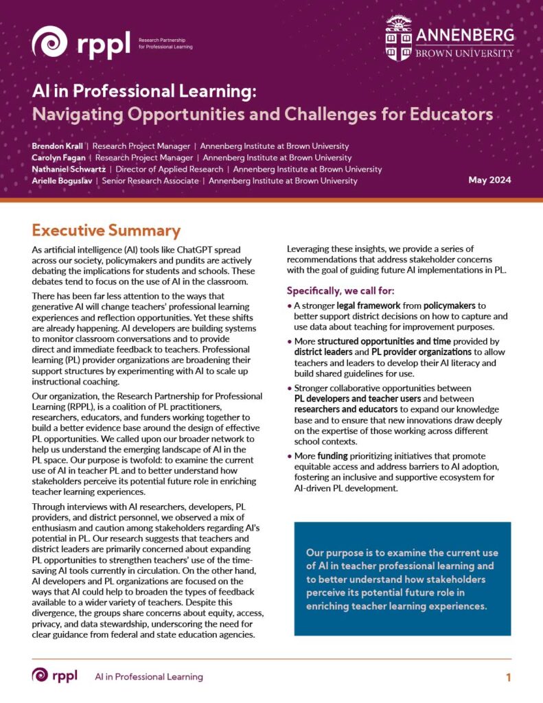 First page of a report on "AI in Professional Learning:
Navigating Opportunities and Challenges for Educators"