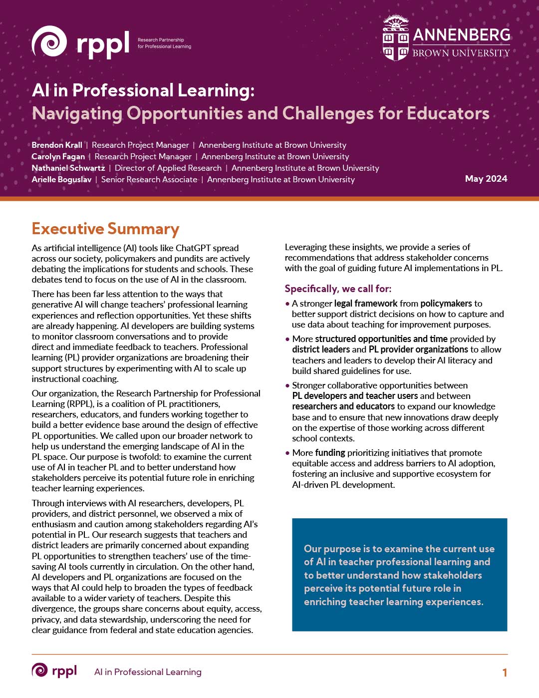 First page of a report on "AI in Professional Learning: Navigating Opportunities and Challenges for Educators"